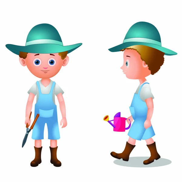 Gardener Két Nézetek Profil Front Cartoon Vector Kép — Stock Vector