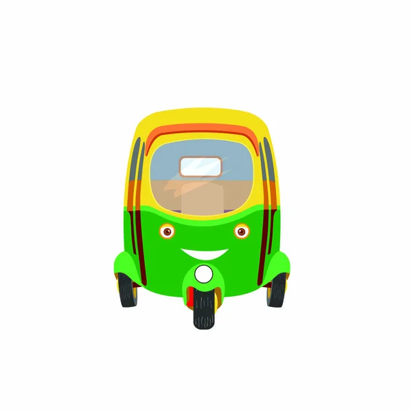 Auto Rickshaw Geel Groen Vooraanzicht Cartoon Vector Afbeelding — Stockvector