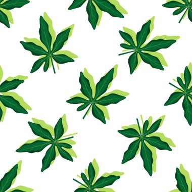 Tropikal yapraklı, kusursuz yaz deseni. Egzotik passiflora yaprakları. Beyaz arkaplanda vektör illüstrasyonu. Tropik duvar kağıdı. Ağ, pankart, yapıştırma kitabı, kumaş baskısı, ambalaj kağıdı için.