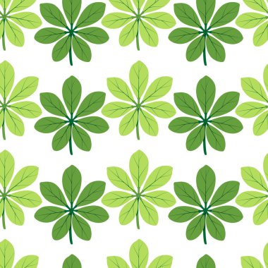 Egzotik yapraklı, kusursuz yaz deseni. Tropik yeşil yapraklar. Beyaz arkaplanda vektör illüstrasyonu. Tropik duvar kağıdı. Ağ, pankart, yapıştırma kitabı, kumaş baskısı, ambalaj kağıdı için.