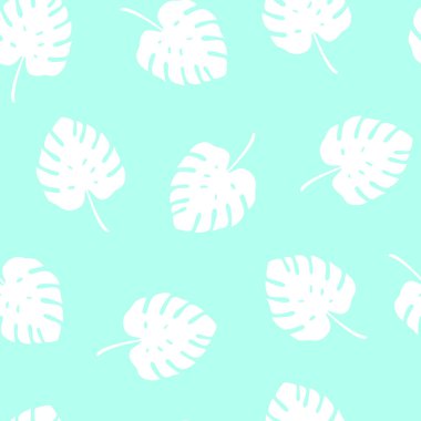 Mavi arka planda canavar yapraklı tropik desen. Yazın vektör illüstrasyonu. Kusursuz egzotik duvar kağıdı. Web tasarımı, afişler, hatıra defteri, kumaş baskısı, ambalaj kağıdı, yatak örtüsü