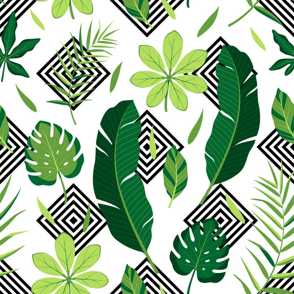 Padrão Sem Costura Tropical Com Folhas Verdes Diferentes Ilustração Vetorial — Vetor de Stock