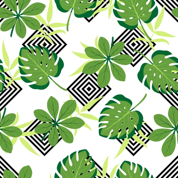 Tropical Seamless Pattern Different Green Leaves Vector Illustration White Background — Stock Vector