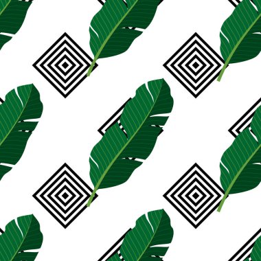 Beyaz arka planda palmiye yaprakları olan tropik, pürüzsüz bir desen. Yazın vektör illüstrasyonu. Geometrik desenli egzotik duvar kağıdı. Ağ, pankart, yapıştırma kitabı, kumaş baskısı, ambalaj.