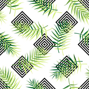Beyaz arka planda yeşil palmiye yaprakları olan tropik, pürüzsüz bir desen. Yazın vektör illüstrasyonu. Geometrik desenli egzotik duvar kağıdı. Pankartlar, hatıra defteri, kumaş baskısı, ambalaj....