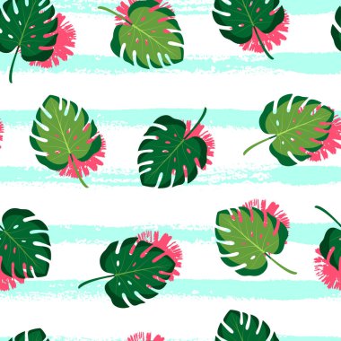 Beyaz arka planda canavar yaprakları olan tropik, pürüzsüz bir desen. Yazın vektör illüstrasyonu. Mavi çizgileri olan egzotik duvar kağıdı. Web tasarımı, afişler, hatıra defteri, kumaş baskısı, paketleme
