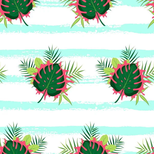 Tropical Seamless Pattern Green Leaves Hand Drawn Lines Vector Illustration — Stock Vector