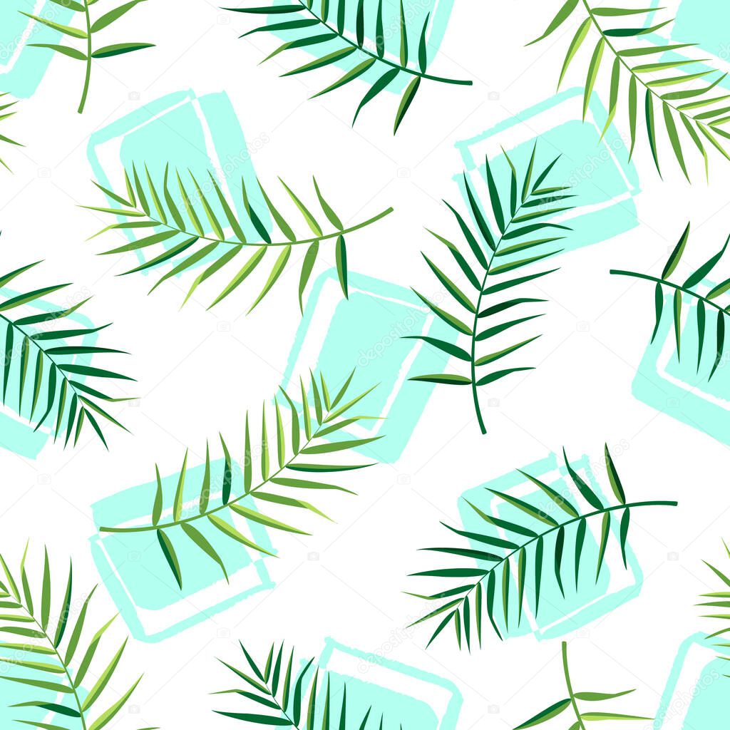 Tropical seamless pattern with palm leaves. Vector illustration of summer. Exotic wallpaper with hand drawn shapes on white background. For web, banners, scrapbooking, printing on fabric, wrapping.