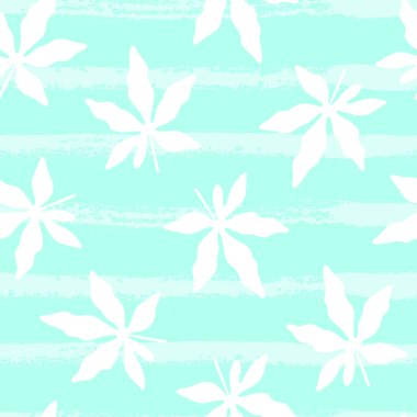 Mavi arka planda yaprakları olan tropik desenler. Yazın vektör illüstrasyonu. Elle çizilmiş kusursuz egzotik duvar kağıdı. Web tasarımı, afişler, kumaş baskısı, ambalaj kağıdı, ambalaj.