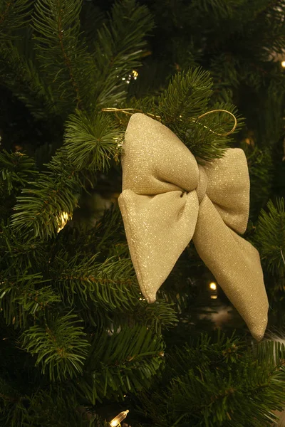 gold ribbon bow hanging on Christmas tree
