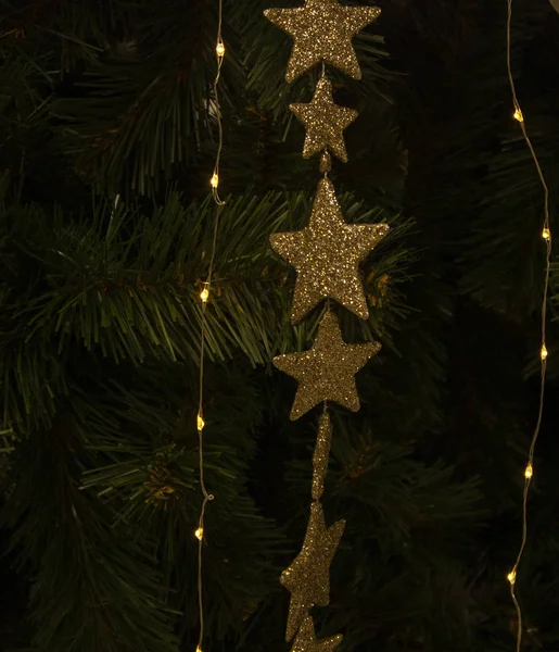 Garland Little Golden Stars Hanging Christmas Tree — Stock Photo, Image