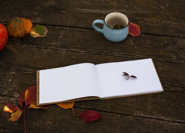 Açık bir defter, ahşap bir masada ve mavi bir fincanda yatıyor.