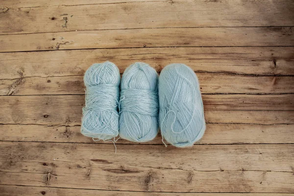 Three Skeins Thread Knitting Light Blue Color Lie Wooden Boards — Stock Photo, Image