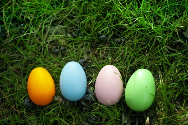 Quatre Œufs Pâques Multicolores Trouvent Dans Une Ligne Dans Herbe — Photo