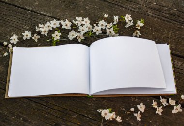 Ağaç dallarının yanında, eski tahta tahtaların üzerinde beyaz boş sayfaları olan açık bir defter.