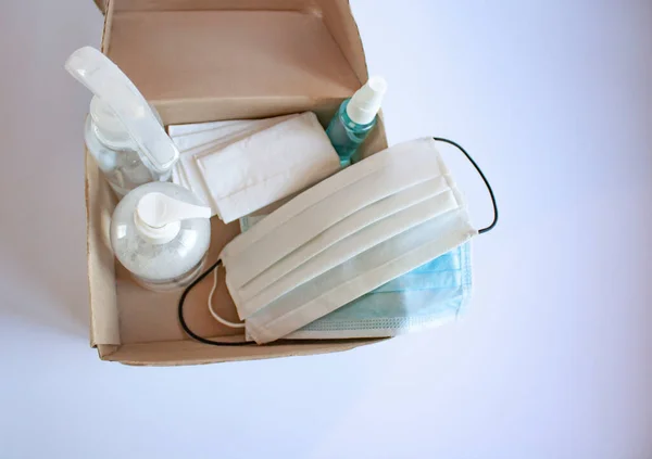 Open Mail Box Containing Antibacterial Agents Medical Masks Paper Towels — Stock Photo, Image