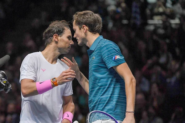 ( 영어 ) 테니스 국제 선수 연맹 ( 영어 ) Nitto ATP final Rafael Nadal vs daniil Medvedev — 스톡 사진