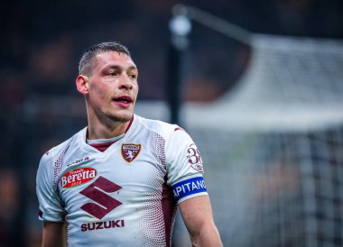 Torino Fc takımından Andrea Belotti 17 Şubat 2020 tarihinde San Siro Stadyumu 'nda Ac Milan ile Torino Fc arasında oynanan 2019 / 20 karşılaşmasında - Fotoğraf Fabrizio Carabelli / Lm