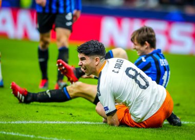 Carlos Soler Valencia Cf Şampiyonlar Ligi 2019 / 20 karşılaşmasında Atalanta Bc ile Valencia Cf arasında 19 Şubat 2020 'de Milano' daki San Siro Stadyumu 'nda oynanan maçta