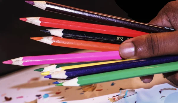 Hand Holding Multi Colour Wood Pencils Shavings Combination Black White — Stock Photo, Image