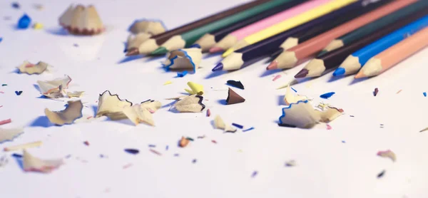 Various Color Wooden Pencils Shavings Top Corner View Pure White — стокове фото