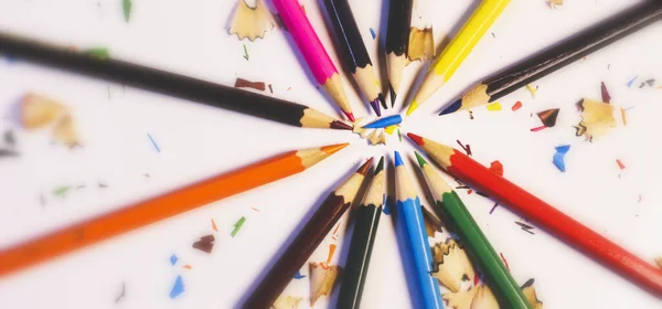 Cycle View Various Wooden Pencils Shavings White Background Wybrano Focus — Zdjęcie stockowe