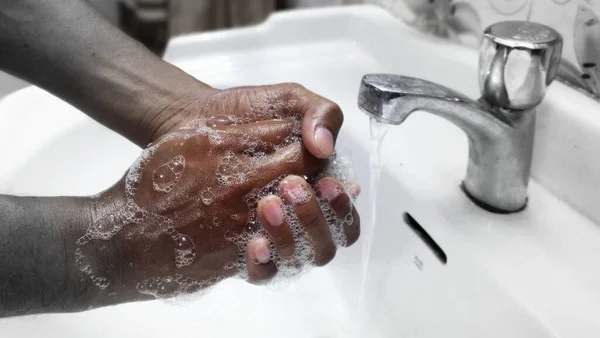 Coronavirus Pandemic Prevention Wash Hands Soap Warm Water Rubbing Nails — Stock Photo, Image