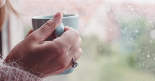 Mujer beber café cerca de la ventana — Vídeos de Stock