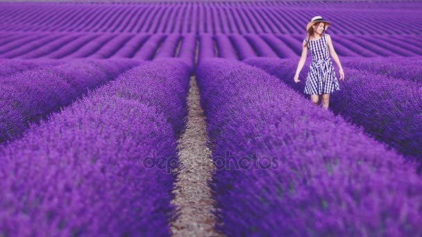 Vrouw lopen door Lavendel veld — Stockvideo