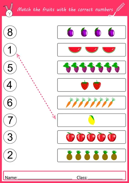 Coincidir con los frutos con los números correctos — Vector de stock