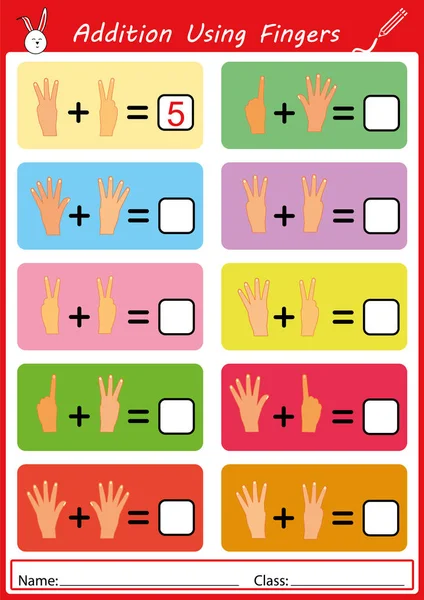 Zusätzlich mit Fingern, Mathe-Arbeitsblatt für Kinder — Stockfoto