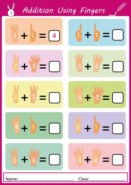 Addition using fingers, math worksheet for kids — Stock Vector