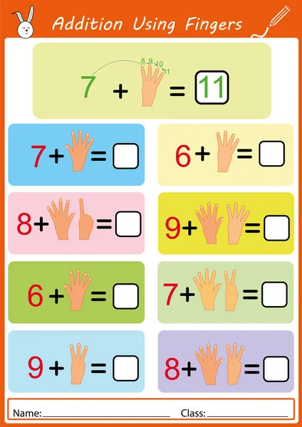 Addition using fingers, math worksheet for kids — Stock Photo, Image