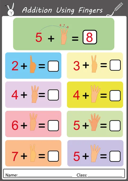 Addition using fingers, math worksheet — Stock Vector