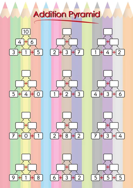 Pirámides de matemáticas para la práctica de matemáticas mentales, completar los números que faltan, hoja de cálculo de matemáticas para los niños — Archivo Imágenes Vectoriales