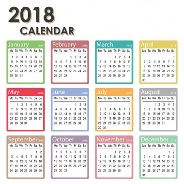 2018 yıl takvim haftası Pazartesi günü, aylık takvim şablonu, 2018 yazdırılabilir takvim başlar.