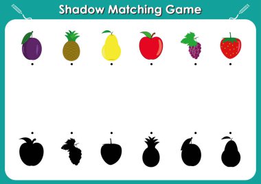 Çocuklar için eşleşen bir oyun, etkinliği sayfası gölge. Çocuklar okul öncesi, meyve ve gölgeler için değil, doğru gölge görevi bulmak