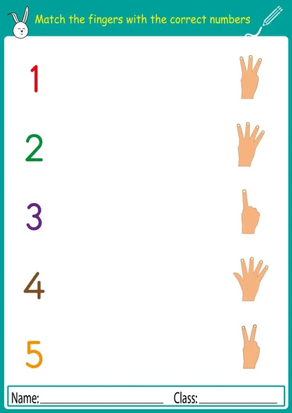 Ordnen Sie die Finger mit den richtigen Zahlen, Mathe-Arbeitsblatt für den Kindergarten — Stockvektor