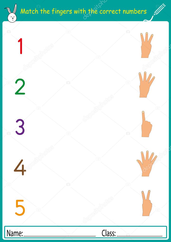 match the fingers with the correct numbers, math worksheet for kindergarten