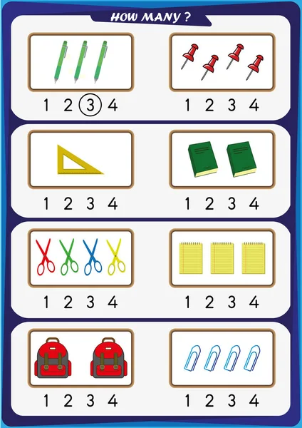 Робочий аркуш для дітей дитячого садка, порахувати кількість об'єктів, дізнатися цифри 1, 2, 3, 4 — стоковий вектор