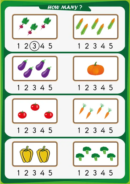 Worksheet for kindergarten kids, Count the number of objects, Learn the numbers 1, 2, 3, 4, 5 — Stock Vector
