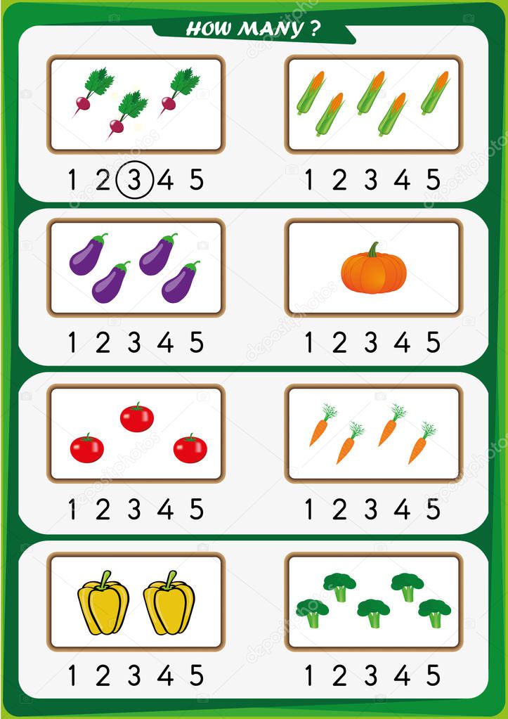 worksheet for kindergarten kids, Count the number of objects, Learn the numbers 1, 2, 3, 4, 5