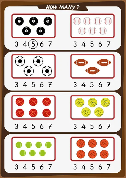 Arbeitsblatt für Kindergartenkinder, zählt die Anzahl der Objekte, lernt die Zahlen 1, 2, 3, 4, 5, 6, 7 — Stockvektor