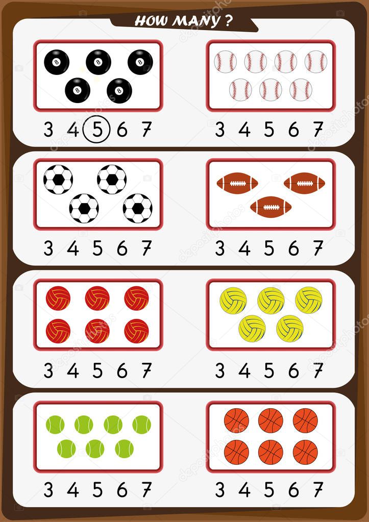 worksheet for kindergarten kids, Count the number of objects, Learn the numbers 1, 2, 3, 4, 5, 6, 7
