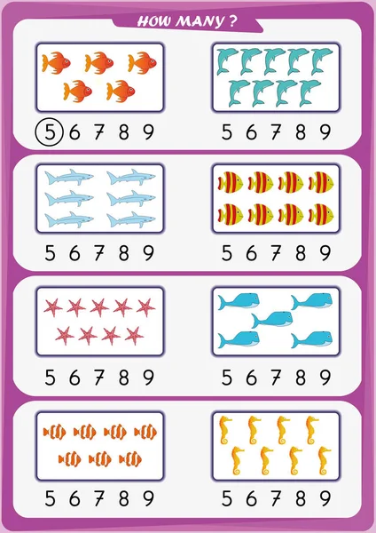 Hoja de trabajo para los niños del jardín de infantes, cuente el número de objetos, aprenda los números 1, 2, 3, 4, 5, 6, 7 8 9 — Vector de stock