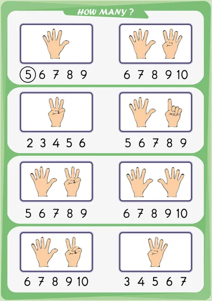 Arbeitsblatt für Kindergartenkinder, zählt die Anzahl der Objekte, lernt die Zahlen 1, 2, 3, 4, 5, 6, 7 8 9 10 — Stockvektor