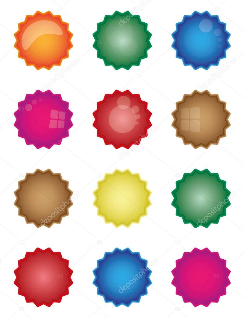 colorful starburst badge shapes, starburst seals, glossy