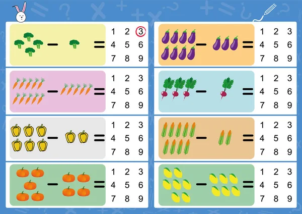 Віднімання за допомогою зображень, математичного робочого аркуша для дітей — стоковий вектор