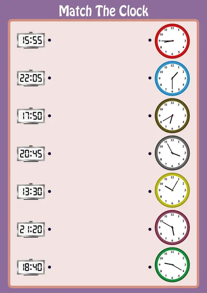 일치 하는 시계, 아이이 일치 수학 게임, 워크시트와 아날로그 시계를 읽고 배워야 — 스톡 벡터
