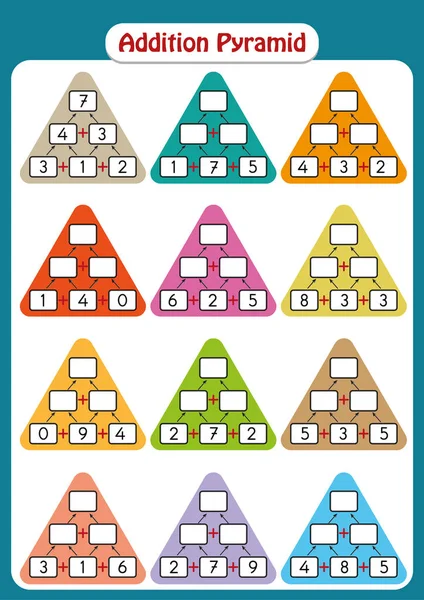 Mathe-Pyramiden für die mentale Mathematik-Praxis, ergänzen Sie die fehlenden Zahlen, Mathe-Arbeitsblatt für Kinder — Stockvektor